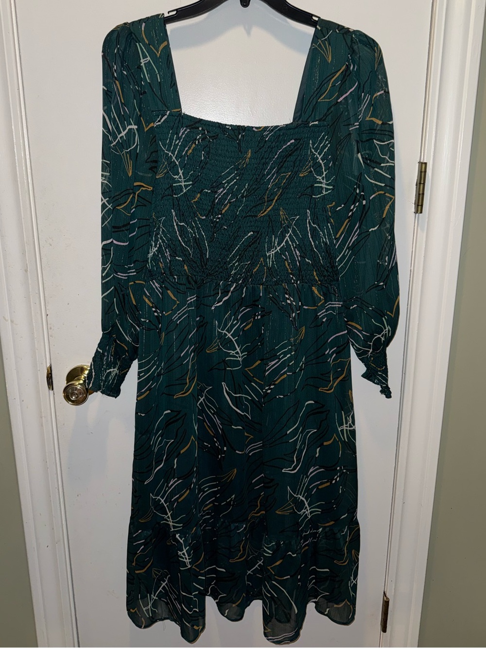 Nine West Printed Green Long Sleeve Square Neck Dress